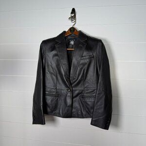100% Leather Blazer Jacket- Black with Raw Cognac Edge Size 10 P Jones New York